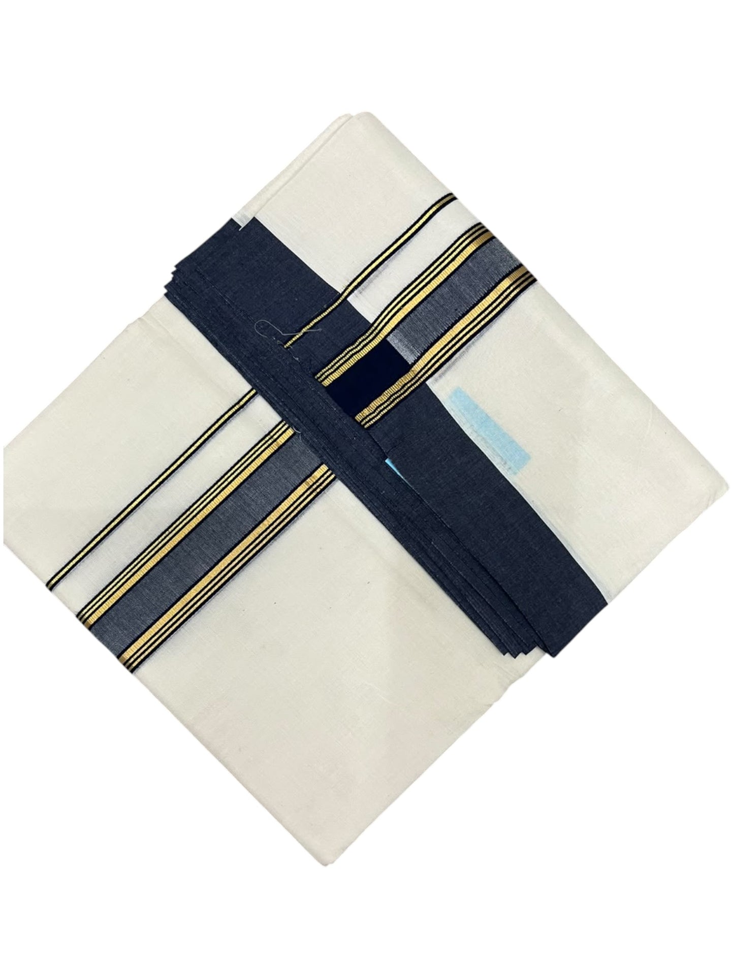 Southloom Pure Cotton Mundu with Golden Lines and Blue Border (South Indian Kerala Dhoti)