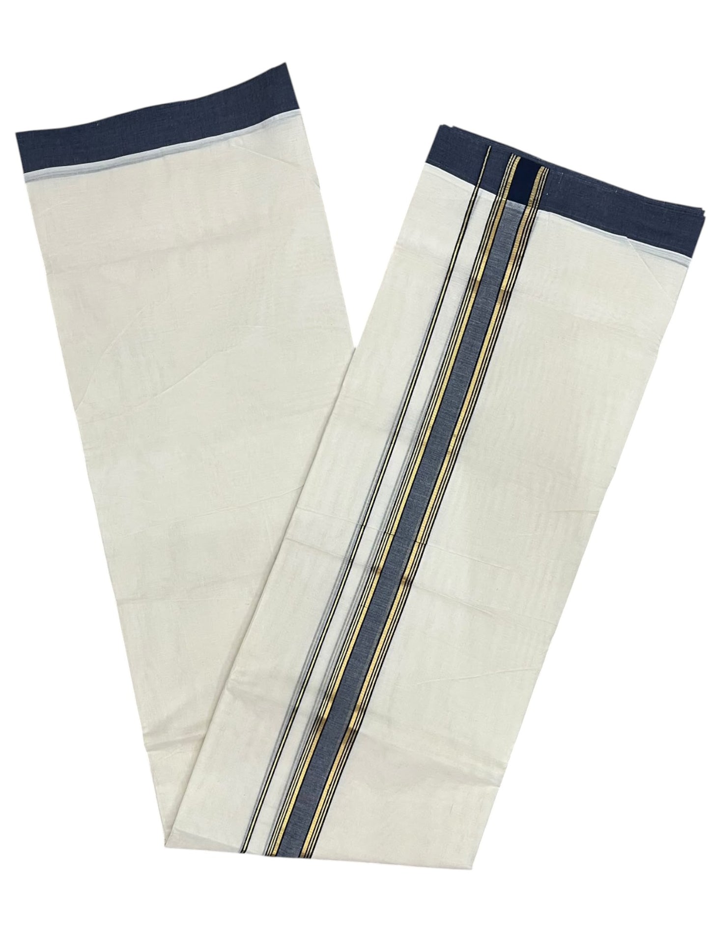 Southloom Pure Cotton Mundu with Golden Lines and Blue Border (South Indian Kerala Dhoti)