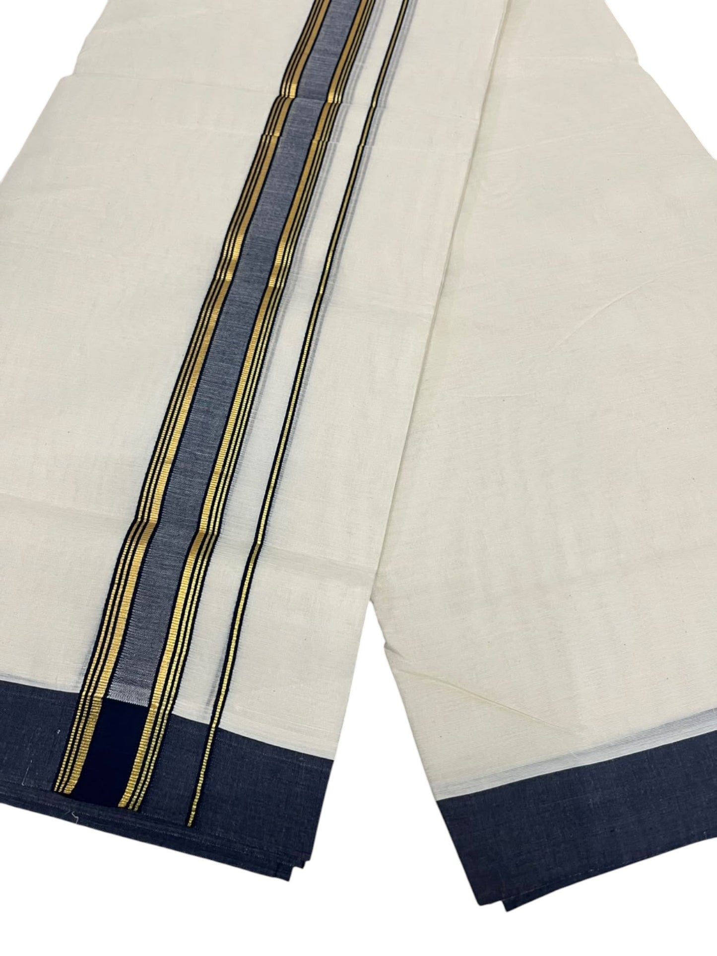 Southloom Pure Cotton Mundu with Golden Lines and Blue Border (South Indian Kerala Dhoti)