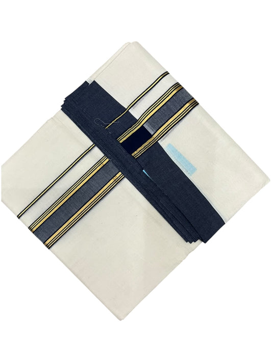 Southloom Pure Cotton Mundu with Golden Lines and Blue Border (South Indian Kerala Dhoti)
