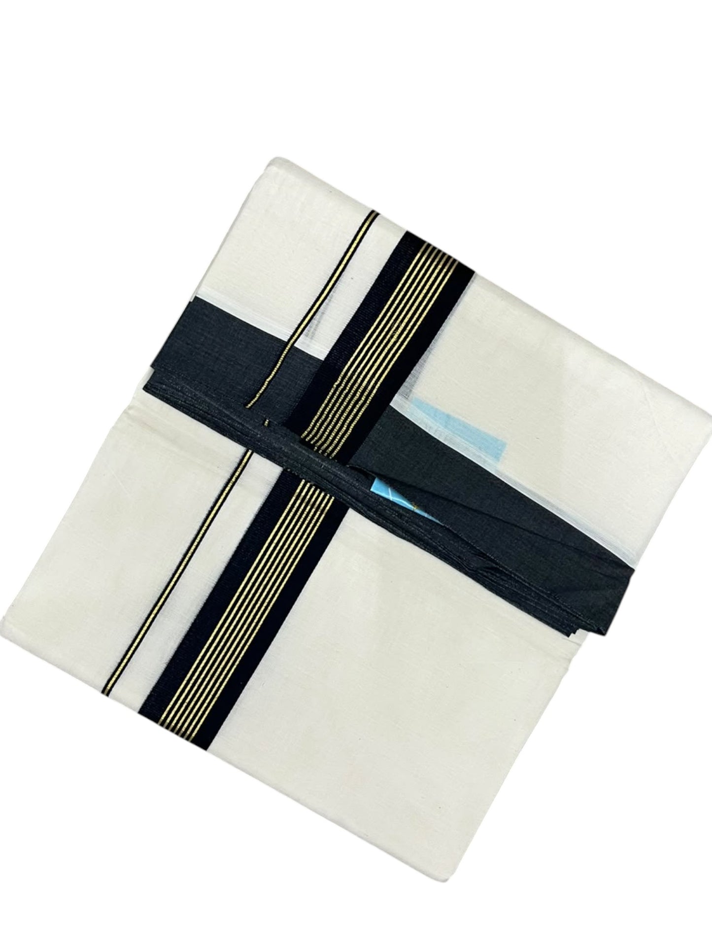 Southloom Pure Cotton Mundu with Golden Lines and Black Border (South Indian Kerala Dhoti)