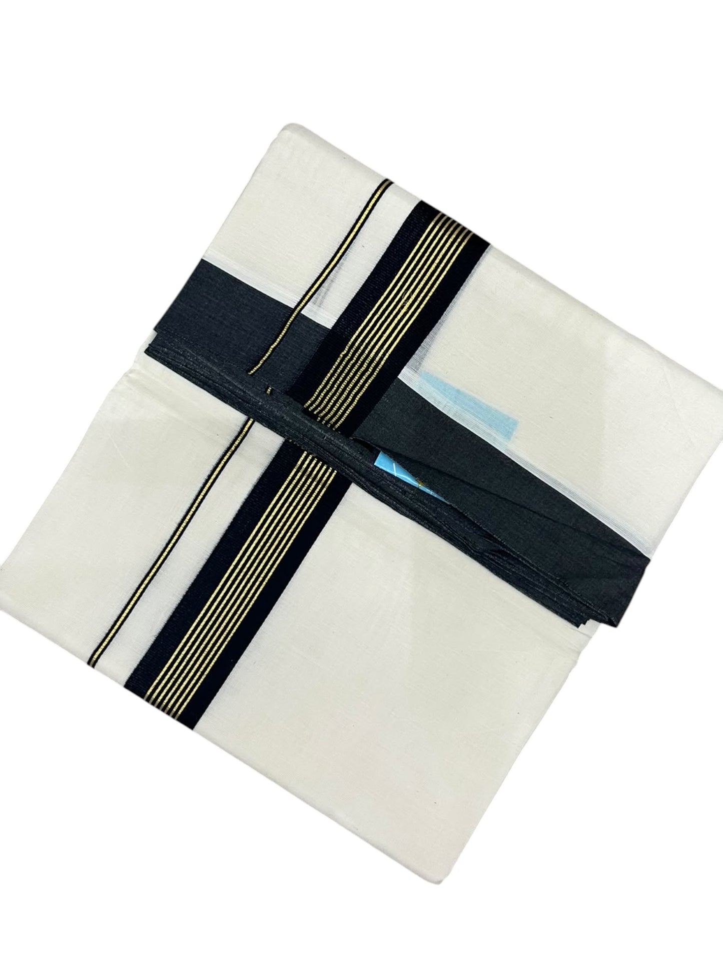 Southloom Pure Cotton Mundu with Golden Lines and Black Border (South Indian Kerala Dhoti)