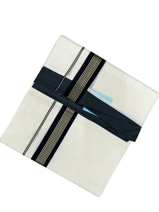 Southloom Pure Cotton Mundu with Golden Lines and Black Border (South Indian Kerala Dhoti)