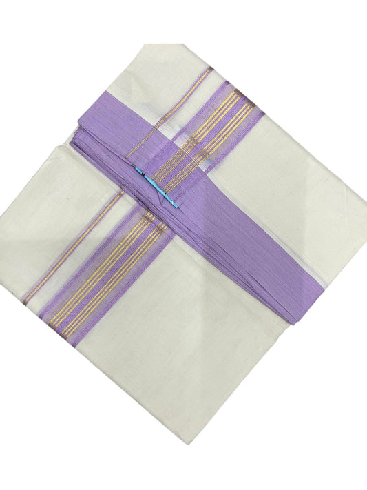 Southloom Pure Cotton Mundu with Golden Lines and Lavender Border (South Indian Kerala Dhoti)