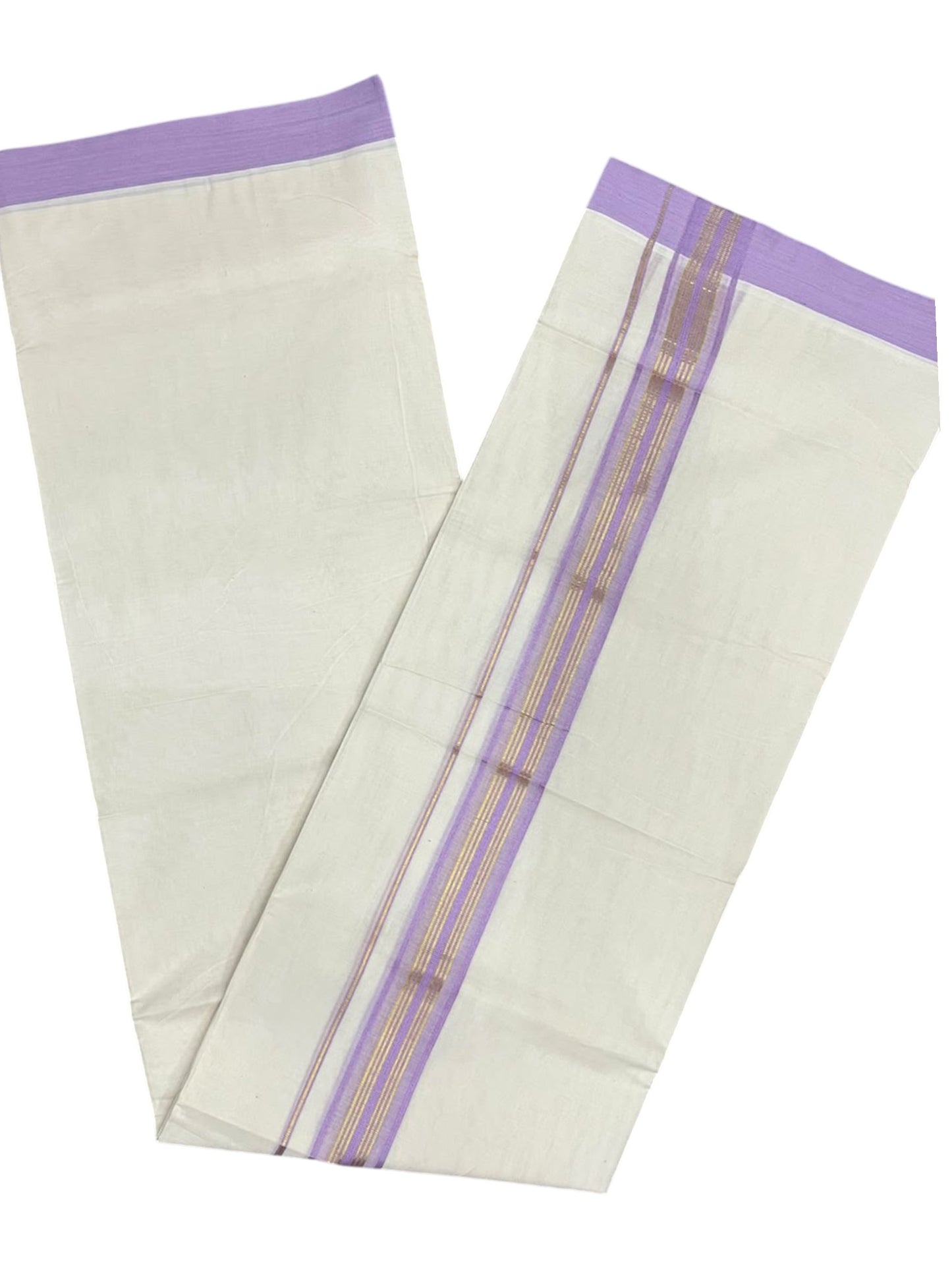 Southloom Pure Cotton Mundu with Golden Lines and Lavender Border (South Indian Kerala Dhoti)