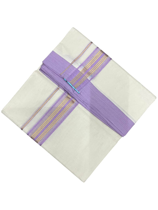 Southloom Pure Cotton Mundu with Golden Lines and Lavender Border (South Indian Kerala Dhoti)