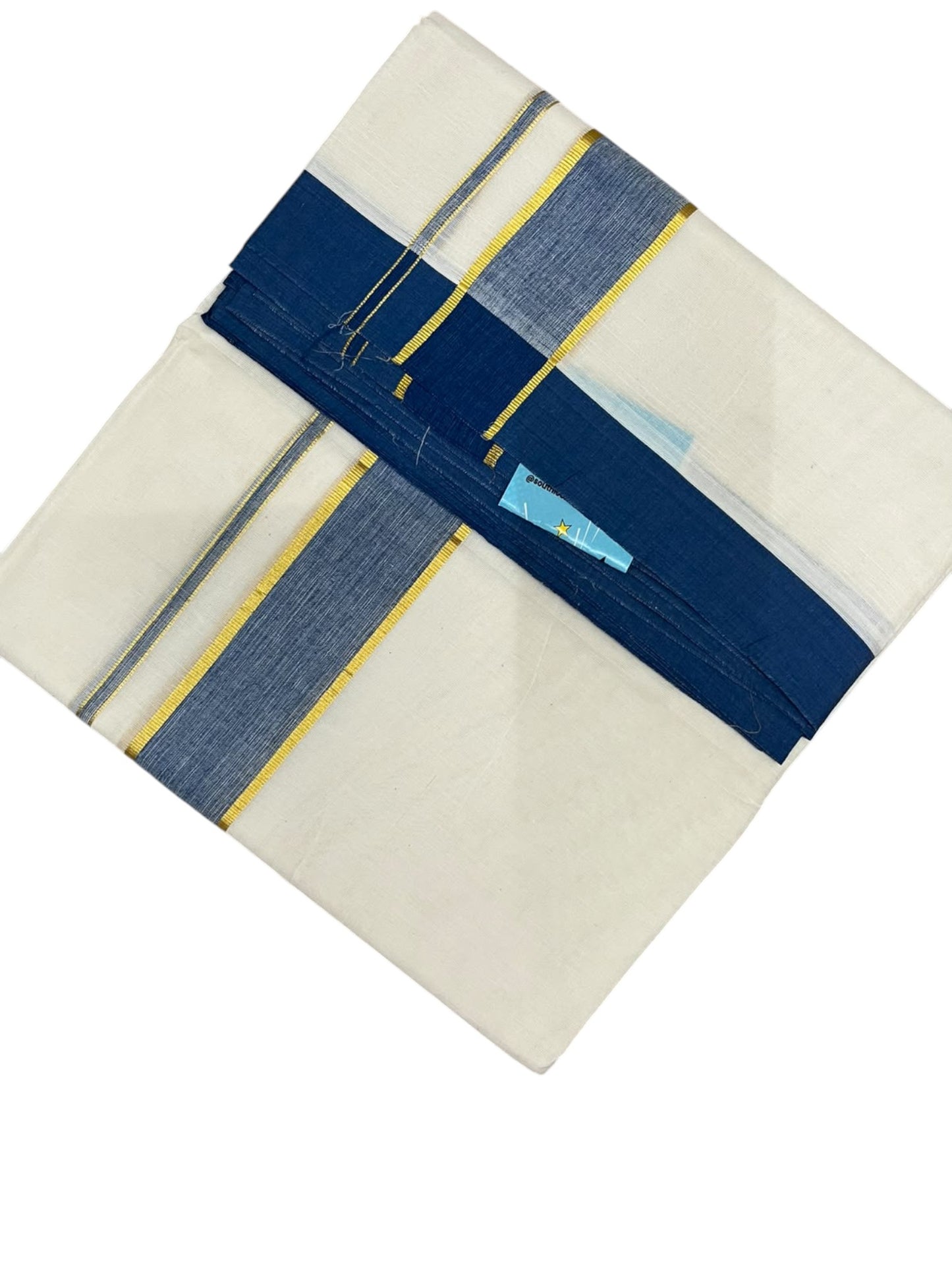 Southloom Pure Cotton Mundu with Golden Lines and Blue Border (South Indian Kerala Dhoti)