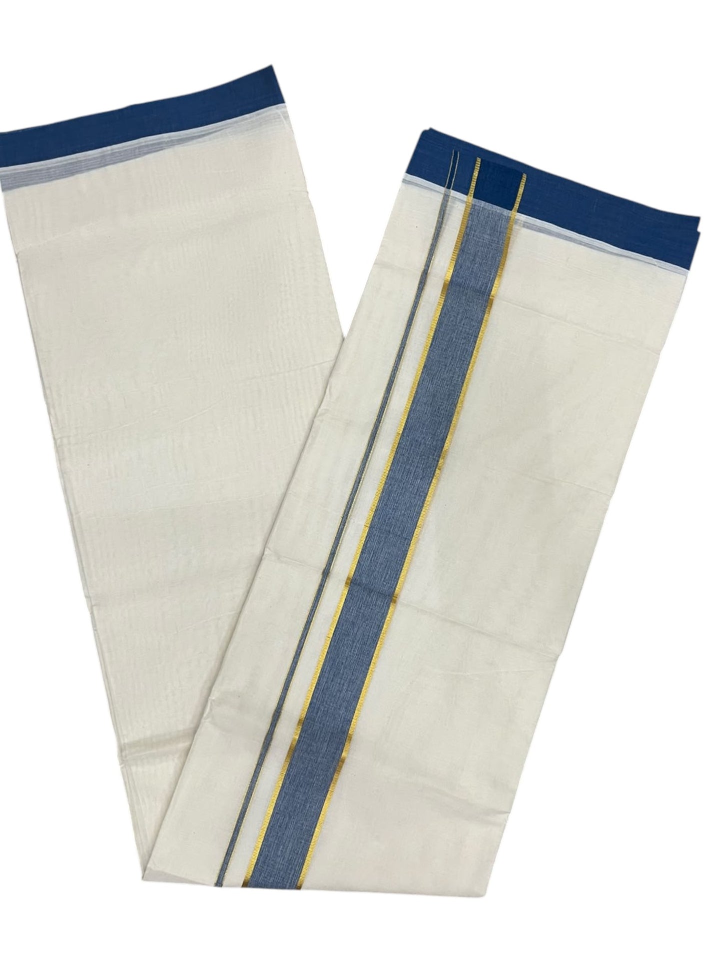Southloom Pure Cotton Mundu with Golden Lines and Blue Border (South Indian Kerala Dhoti)