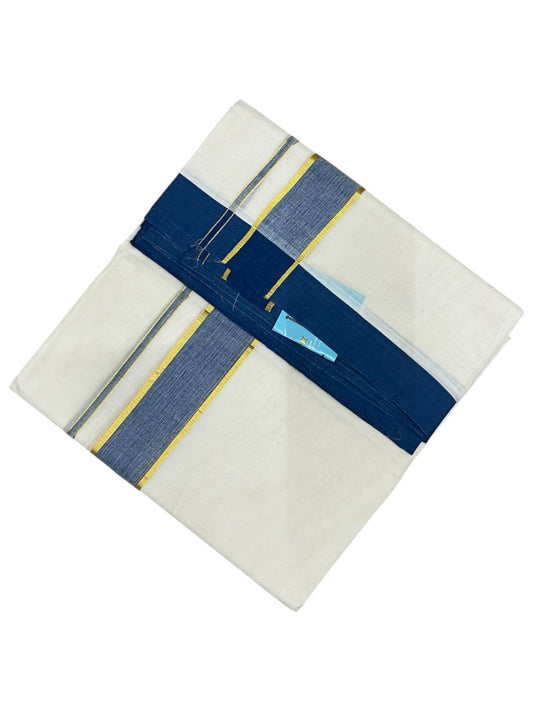 Southloom Pure Cotton Mundu with Golden Lines and Blue Border (South Indian Kerala Dhoti)