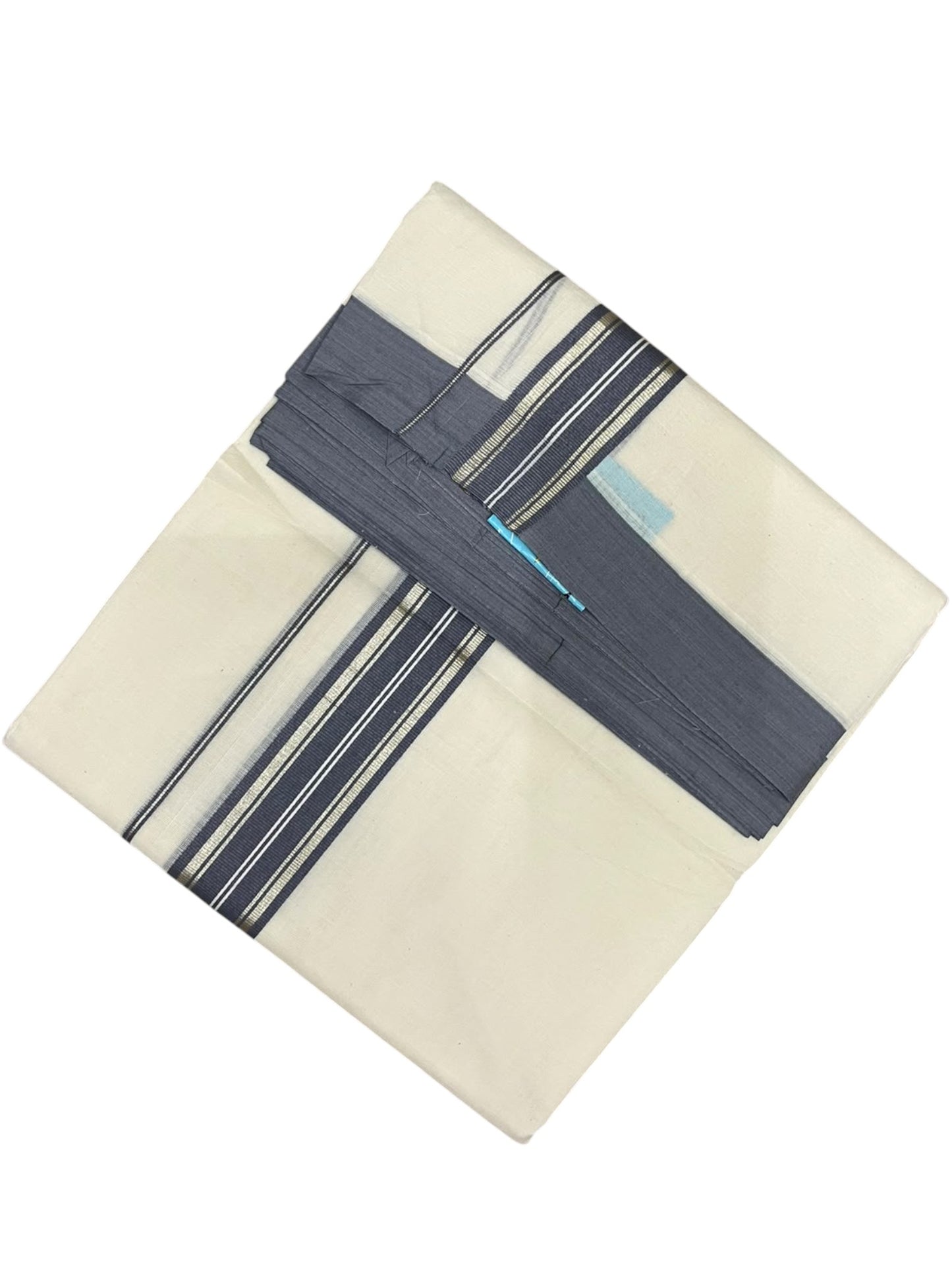 Southloom Pure Cotton Mundu with Golden Lines and Grey Border (South Indian Kerala Dhoti)