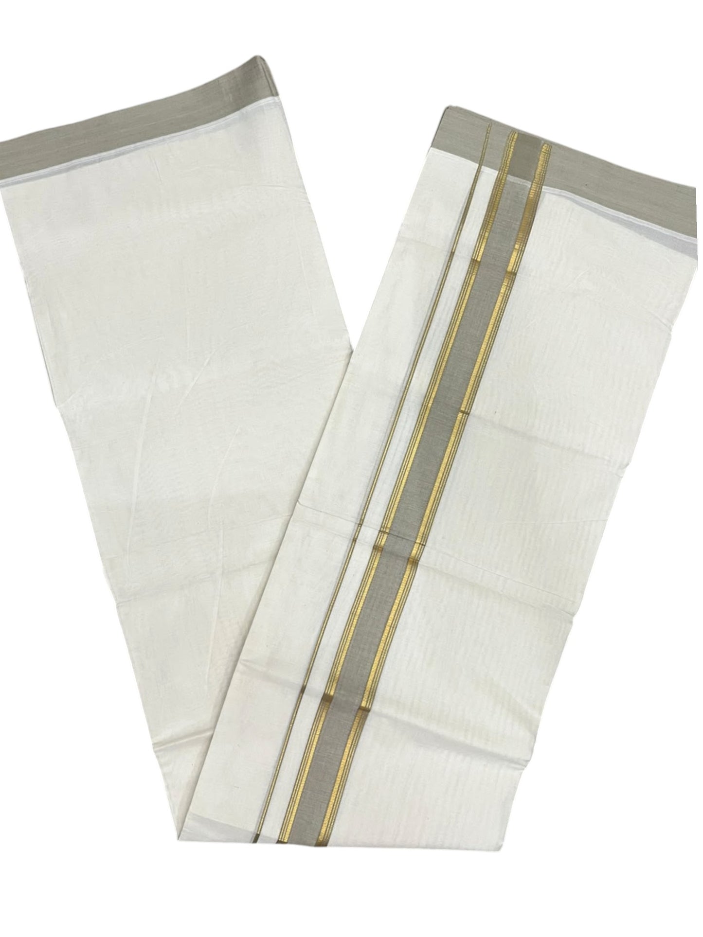 Southloom Pure Cotton Mundu with Golden Lines and Mustard Yellow Border (South Indian Kerala Dhoti)