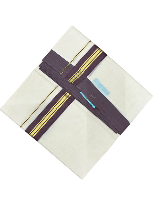 Southloom Pure Cotton Mundu with Golden Lines and Purple Border (South Indian Kerala Dhoti)