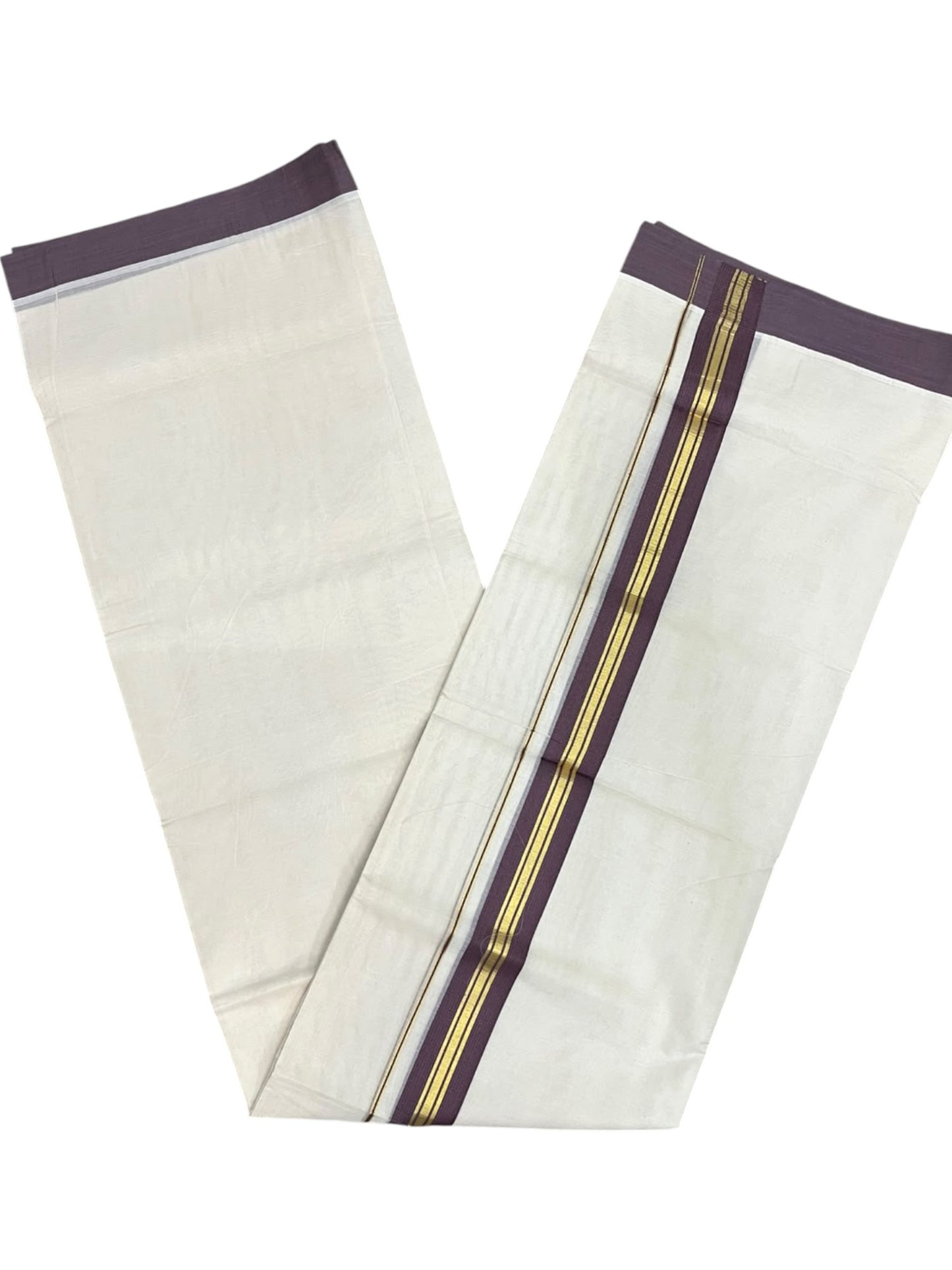 Southloom Pure Cotton Mundu with Golden Lines and Purple Border (South Indian Kerala Dhoti)