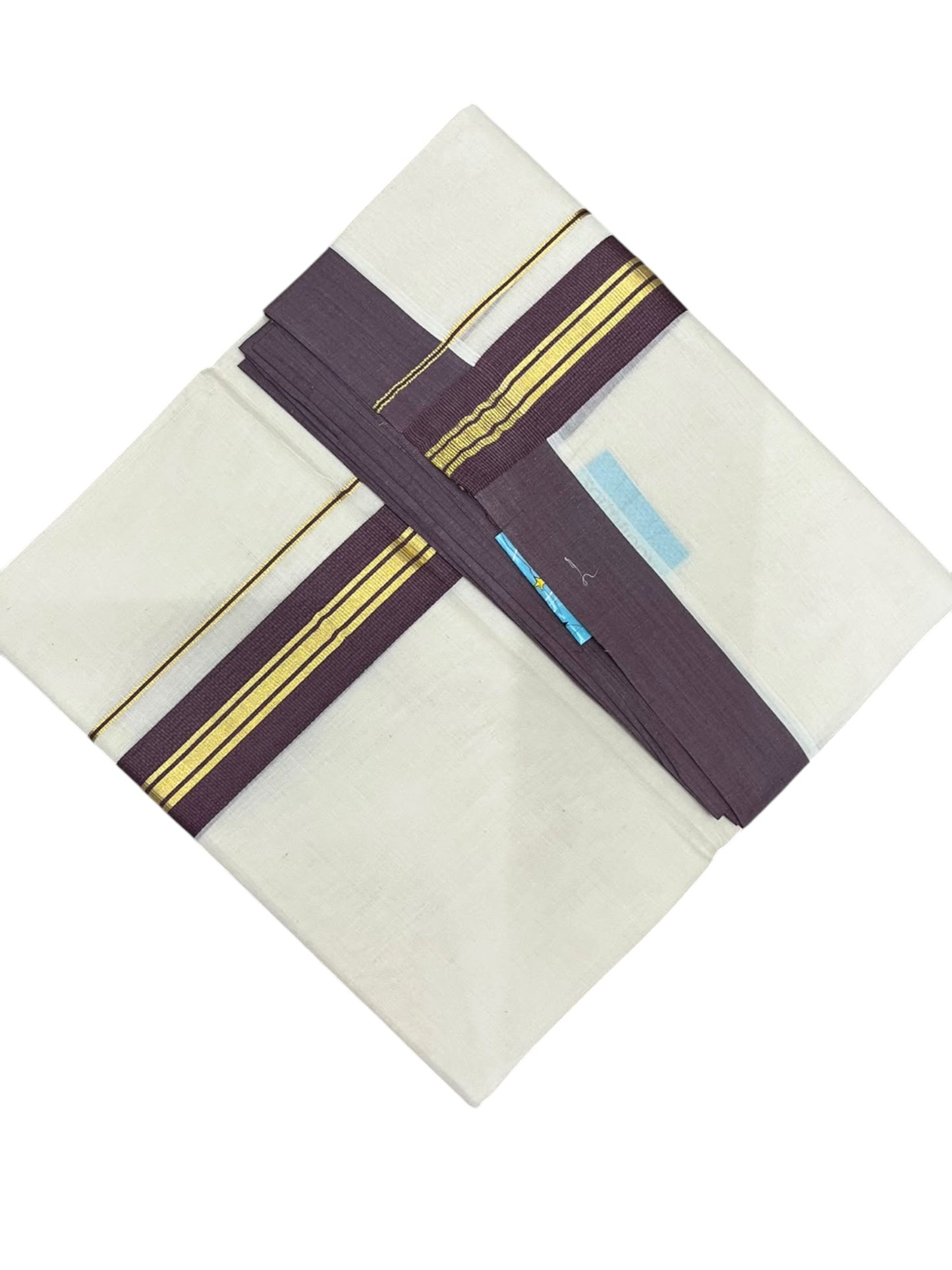 Southloom Pure Cotton Mundu with Golden Lines and Purple Border (South Indian Kerala Dhoti)