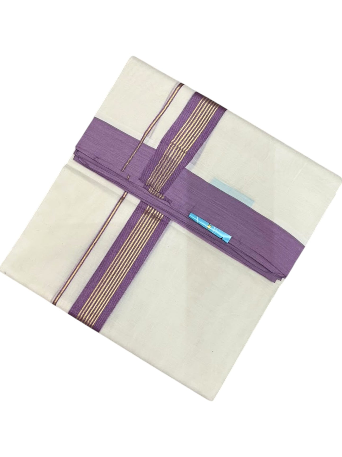 Southloom Pure Cotton Mundu with Golden Lines and Lavender Border (South Indian Kerala Dhoti)