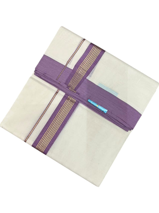 Southloom Pure Cotton Mundu with Golden Lines and Lavender Border (South Indian Kerala Dhoti)
