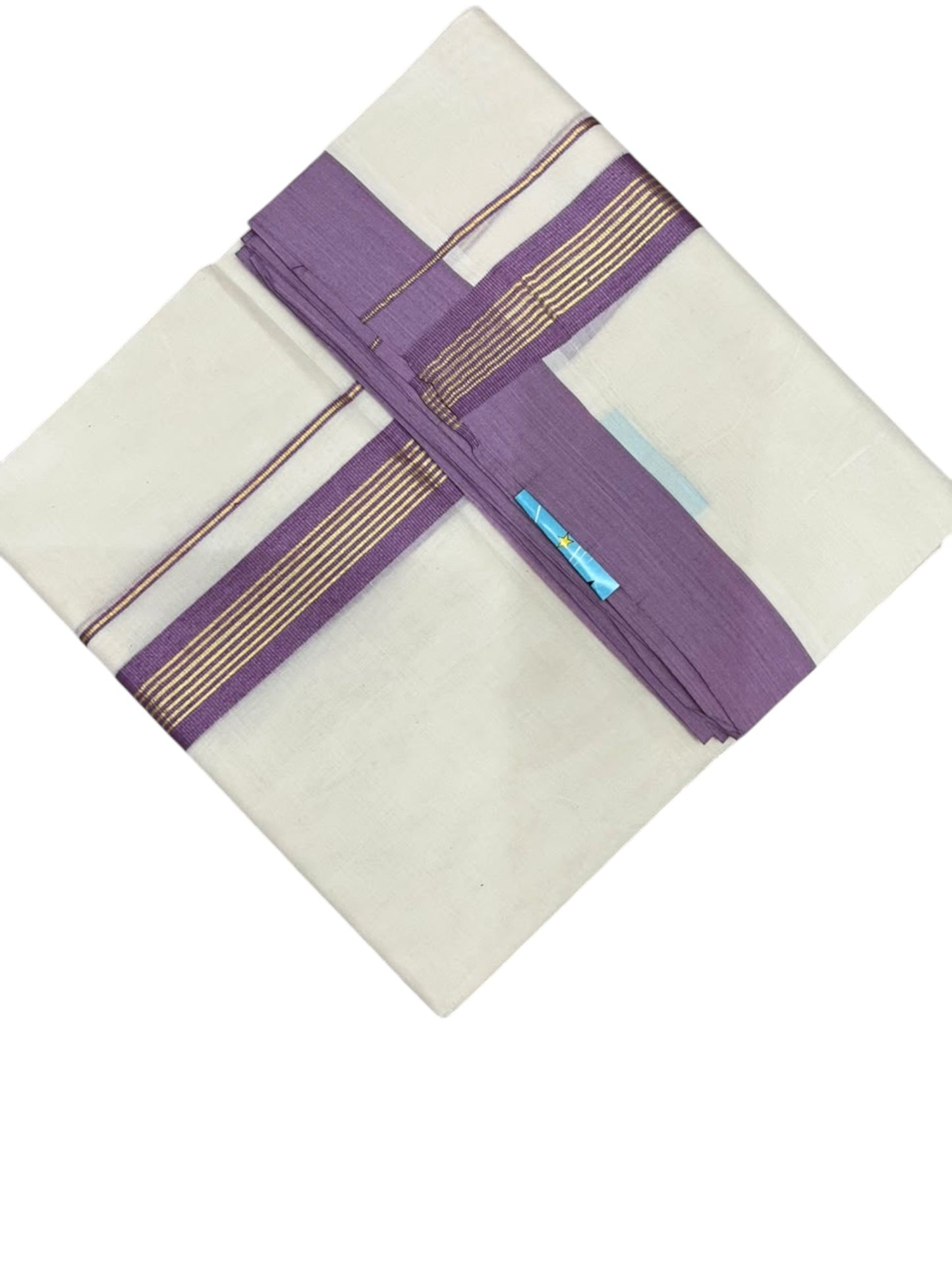 Southloom Pure Cotton Mundu with Golden Lines and Lavender Border (South Indian Kerala Dhoti)