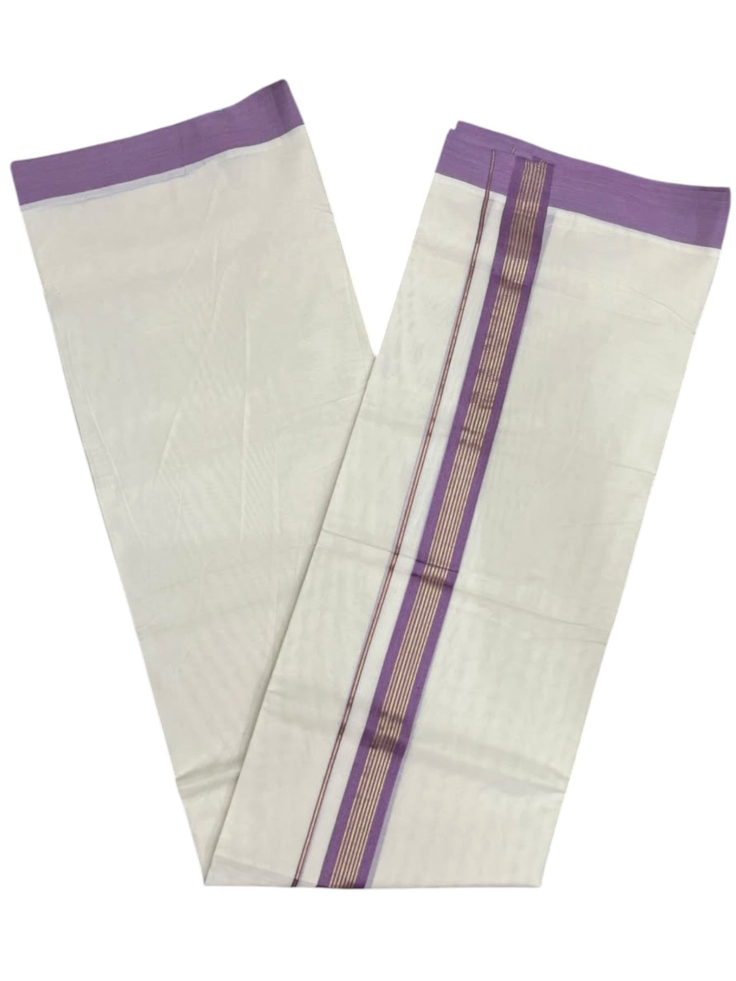 Southloom Pure Cotton Mundu with Golden Lines and Lavender Border (South Indian Kerala Dhoti)
