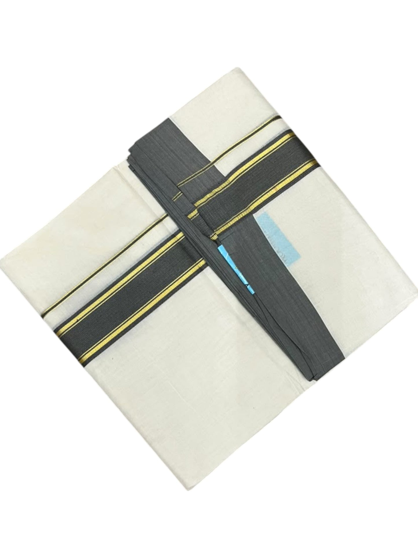Southloom Pure Cotton Mundu with Golden Lines and Grey Border (South Indian Kerala Dhoti)
