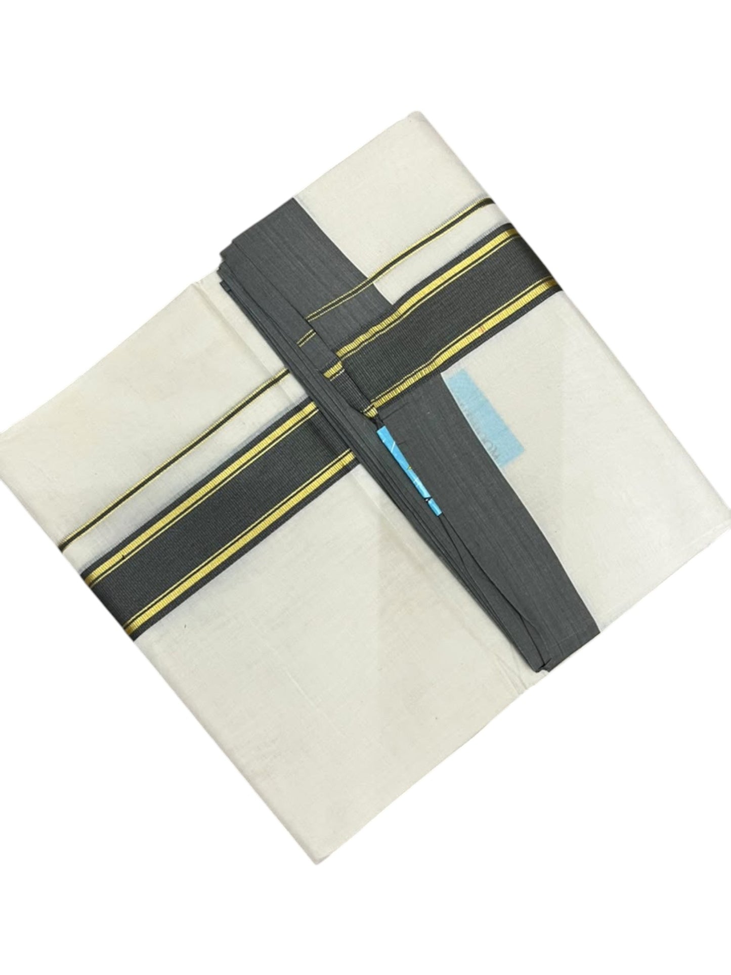 Southloom Pure Cotton Mundu with Golden Lines and Grey Border (South Indian Kerala Dhoti)