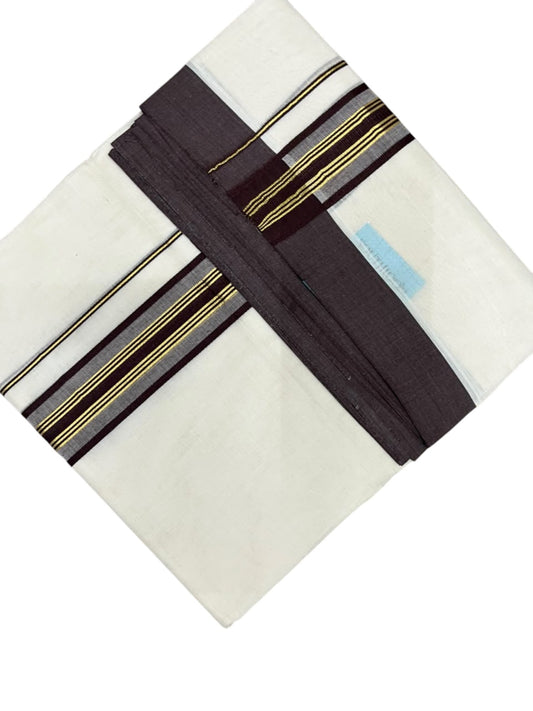Southloom Pure Cotton Mundu with Golden Lines and Brown Border (South Indian Kerala Dhoti)
