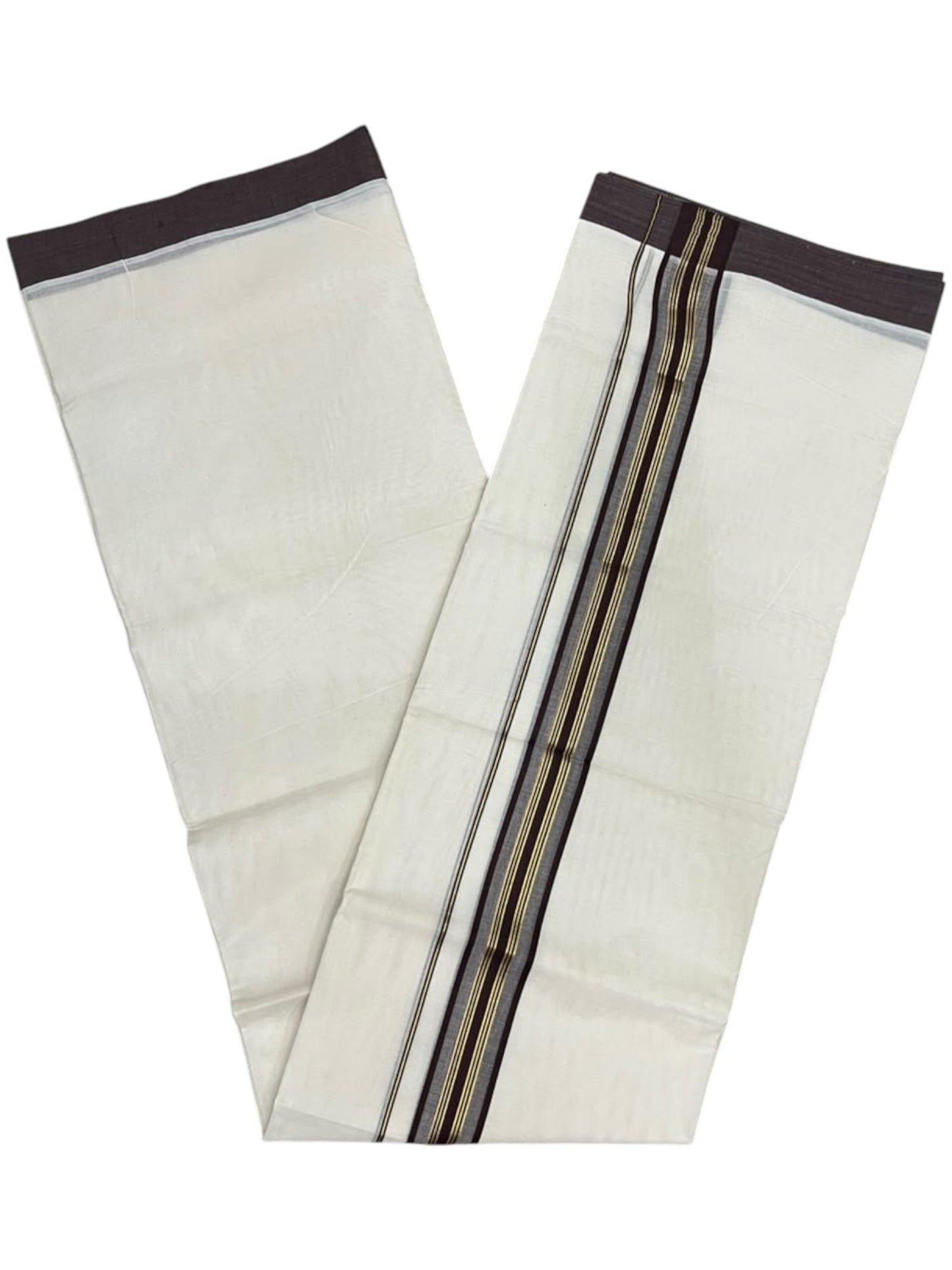 Southloom Pure Cotton Mundu with Golden Lines and Brown Border (South Indian Kerala Dhoti)