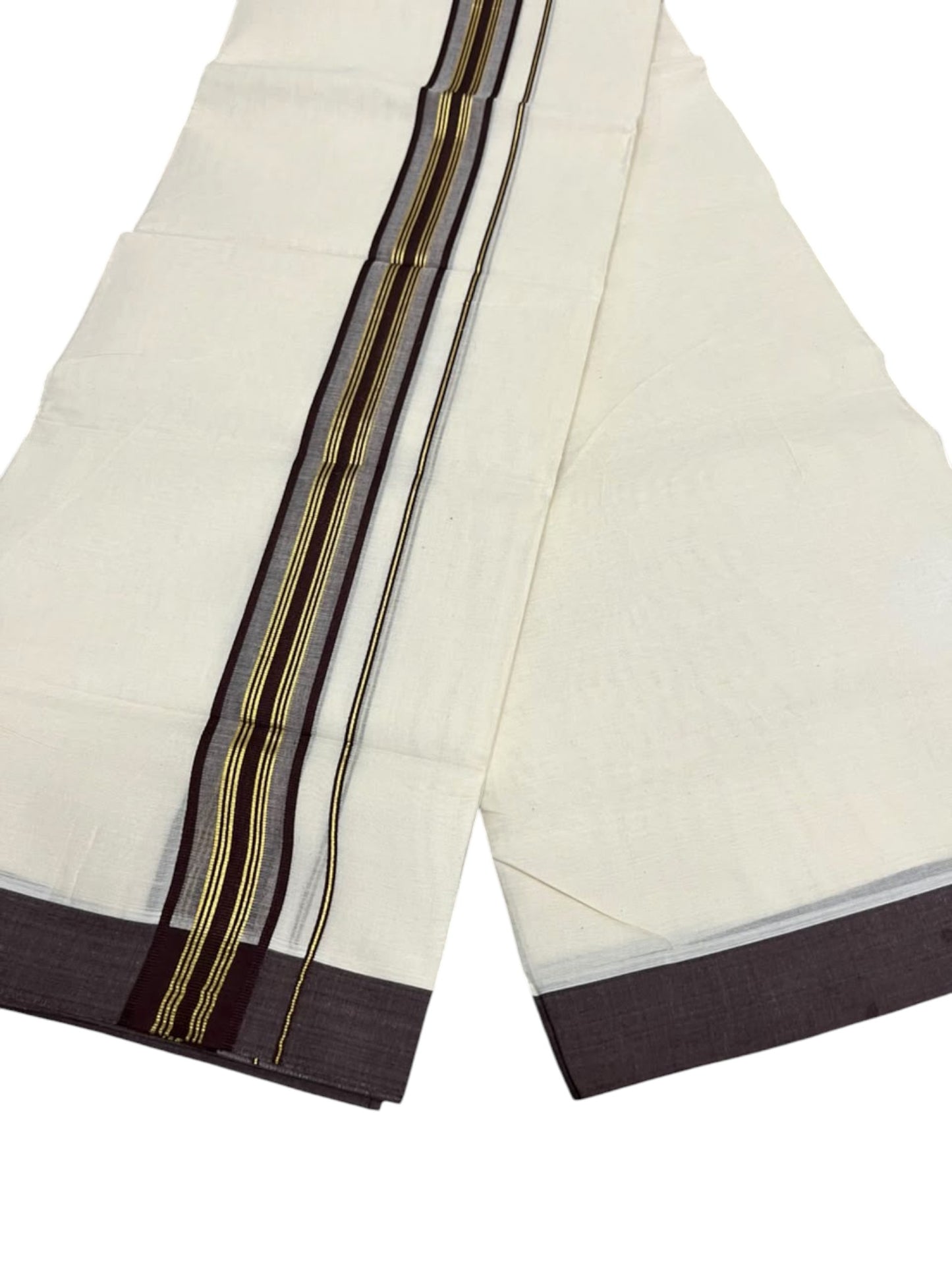 Southloom Pure Cotton Mundu with Golden Lines and Brown Border (South Indian Kerala Dhoti)
