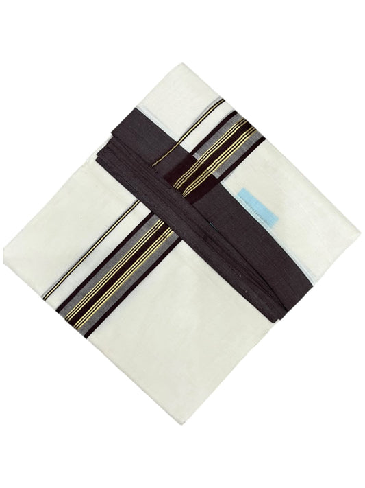 Southloom Pure Cotton Mundu with Golden Lines and Brown Border (South Indian Kerala Dhoti)