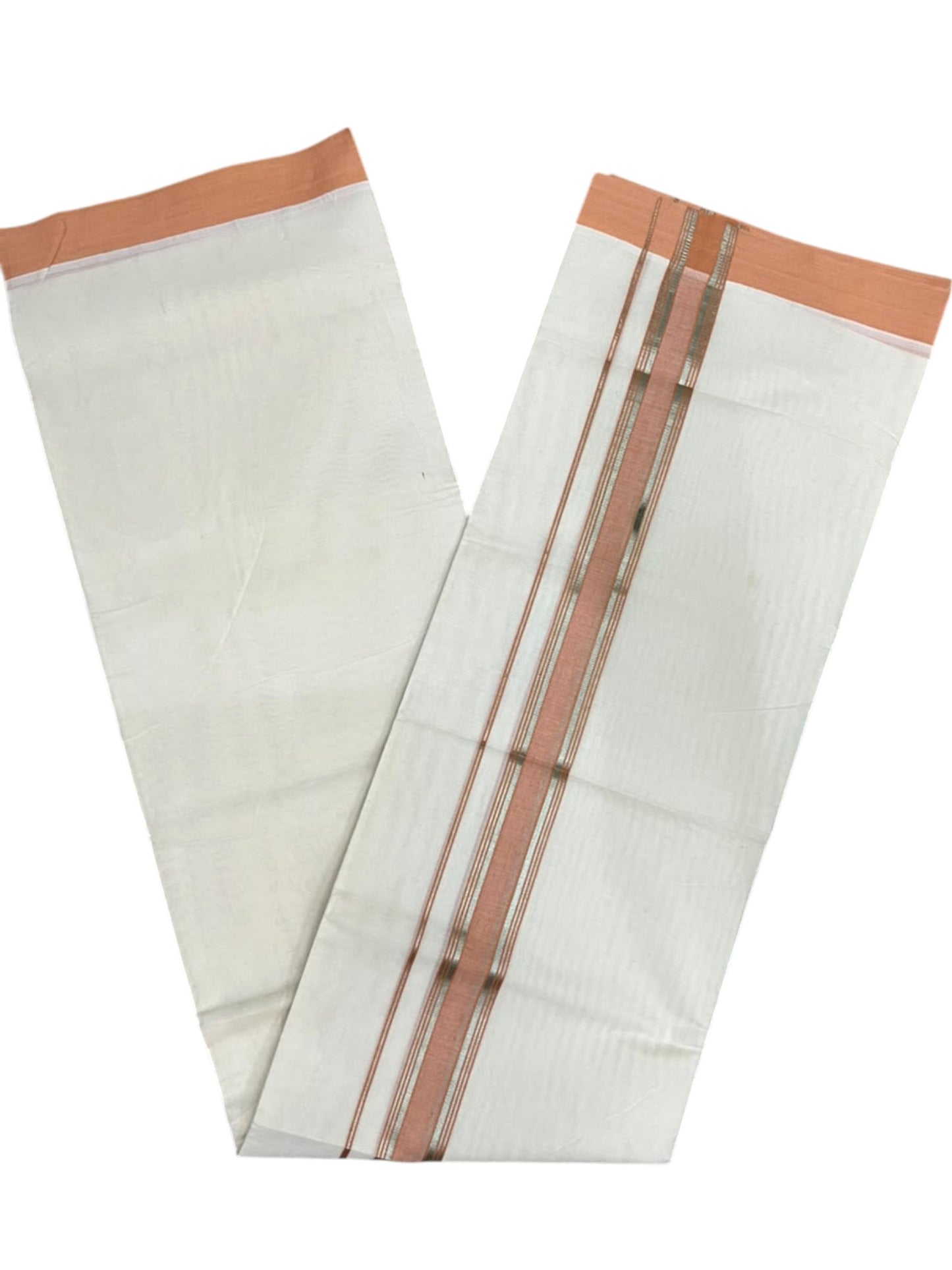Southloom Pure Cotton Mundu with Golden Lines and Orange Border (South Indian Kerala Dhoti)