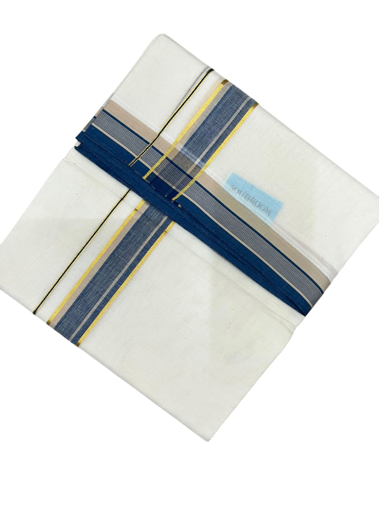 Southloom Pure Cotton Mundu with Golden Lines and Blue Border (South Indian Kerala Dhoti)