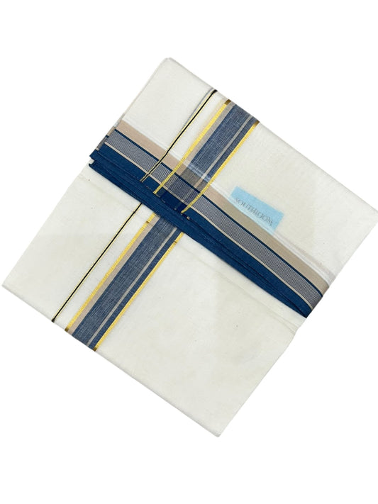 Southloom Pure Cotton Mundu with Golden Lines and Blue Border (South Indian Kerala Dhoti)