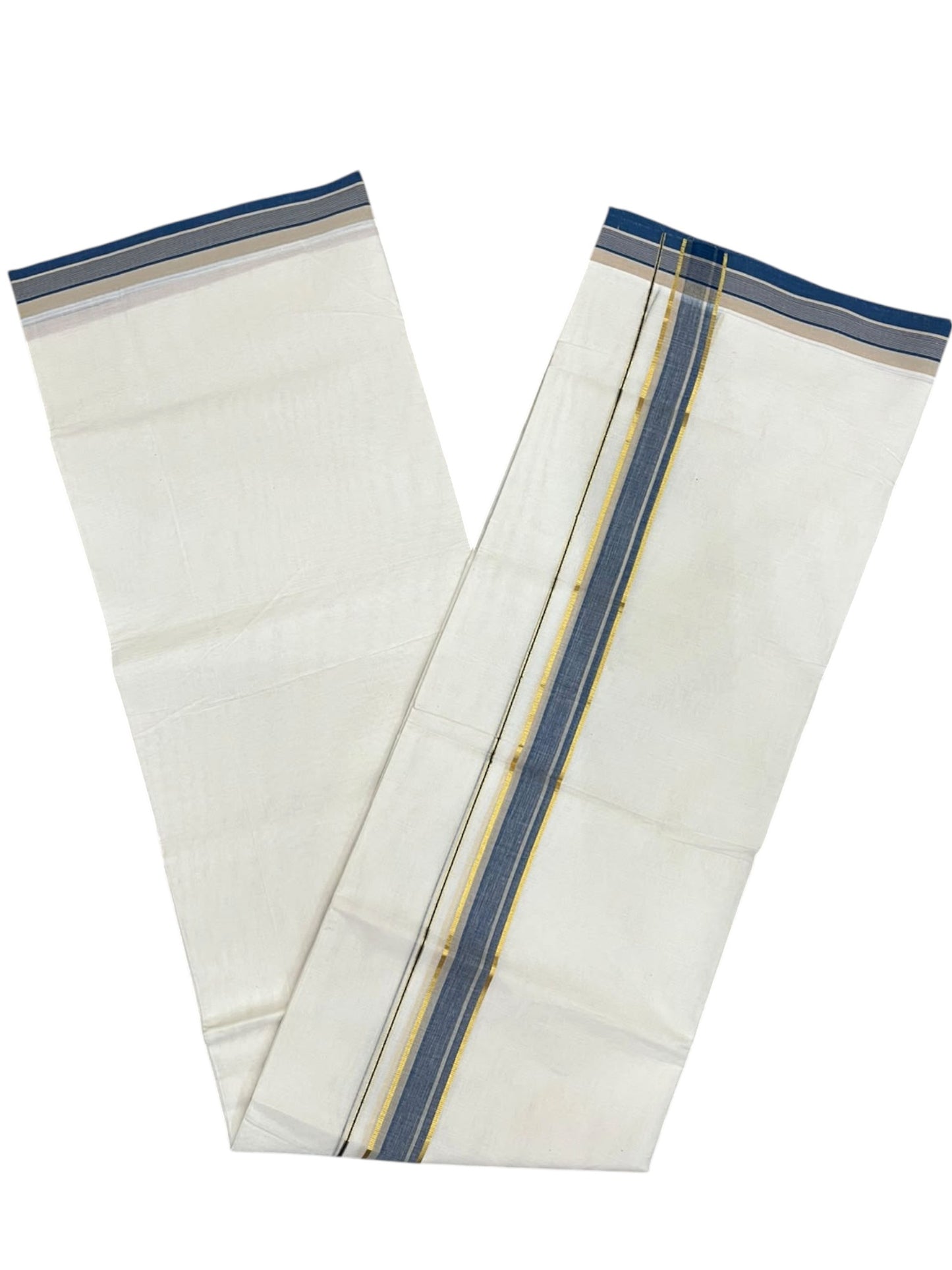 Southloom Pure Cotton Mundu with Golden Lines and Blue Border (South Indian Kerala Dhoti)