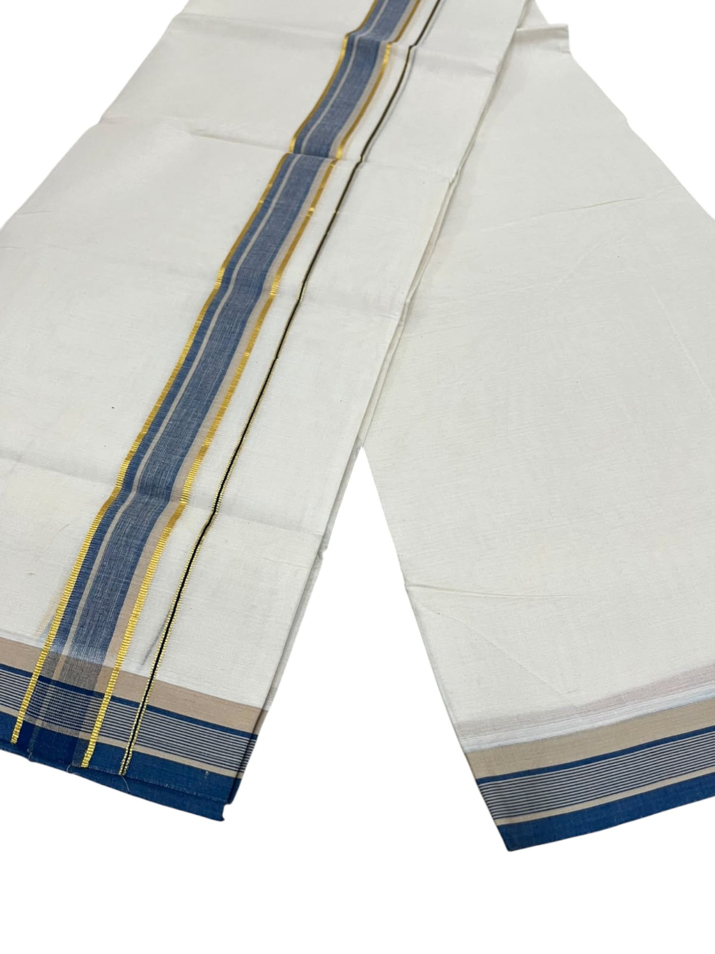 Southloom Pure Cotton Mundu with Golden Lines and Blue Border (South Indian Kerala Dhoti)
