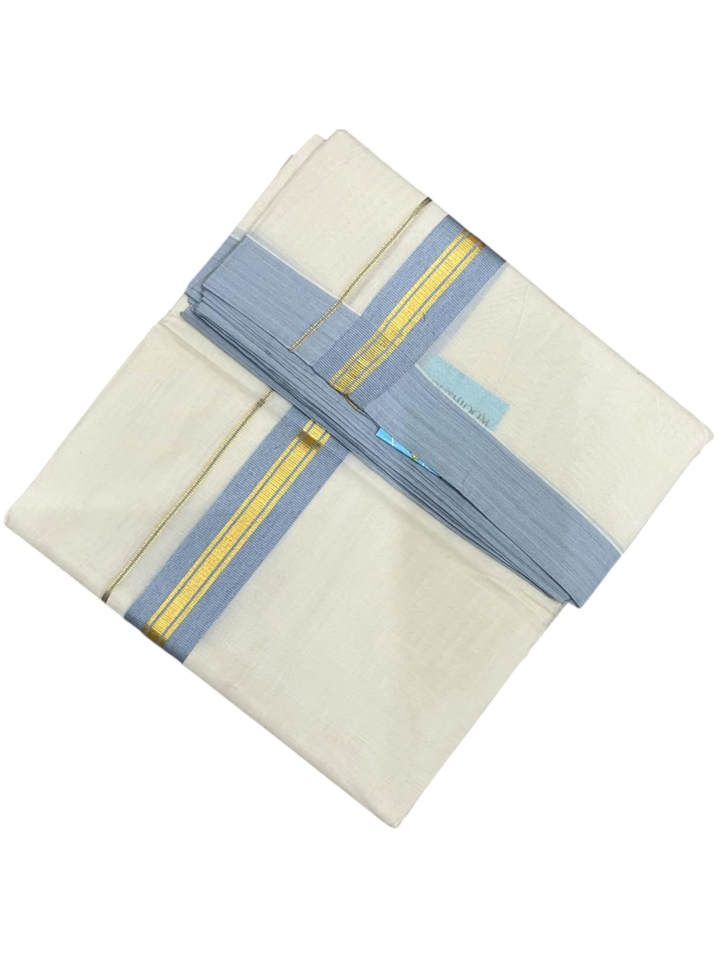 Southloom Pure Cotton Mundu with Golden Lines and Blue Border (South Indian Kerala Dhoti)