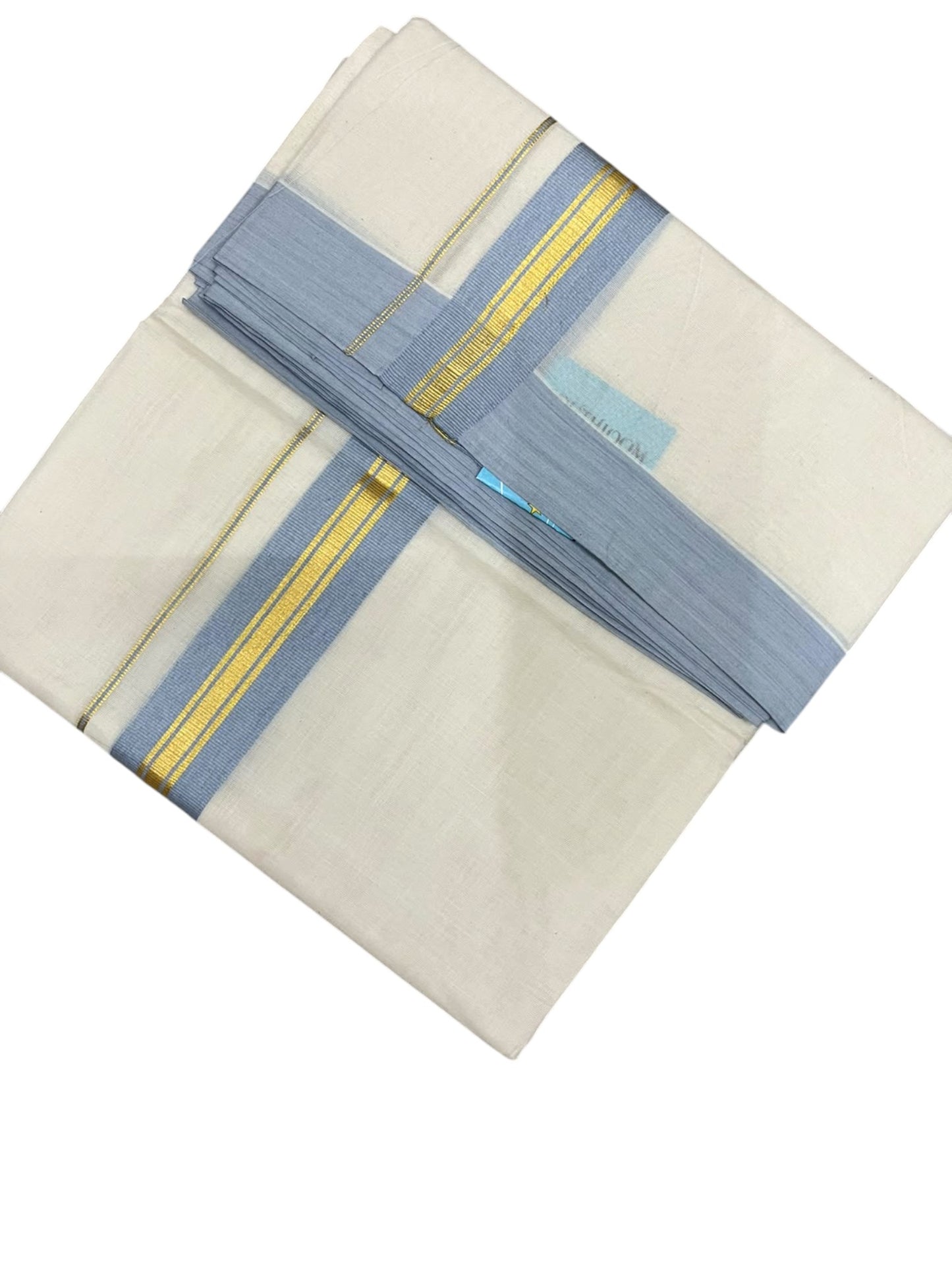Southloom Pure Cotton Mundu with Golden Lines and Blue Border (South Indian Kerala Dhoti)