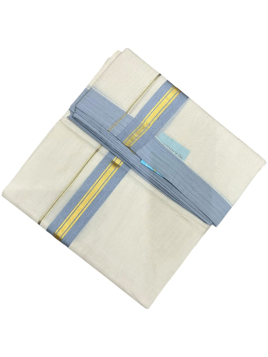 Southloom Pure Cotton Mundu with Golden Lines and Blue Border (South Indian Kerala Dhoti)