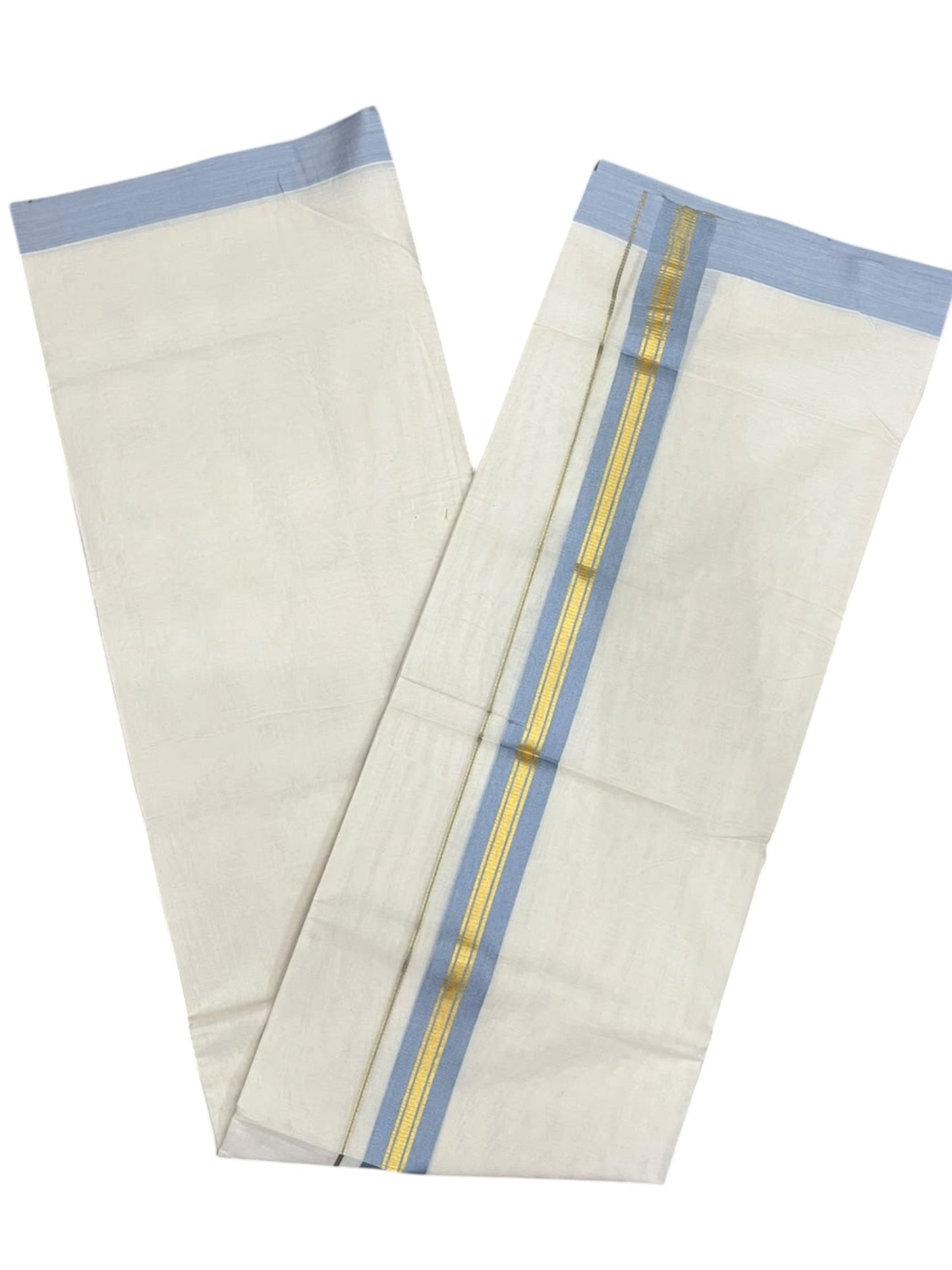 Southloom Pure Cotton Mundu with Golden Lines and Blue Border (South Indian Kerala Dhoti)