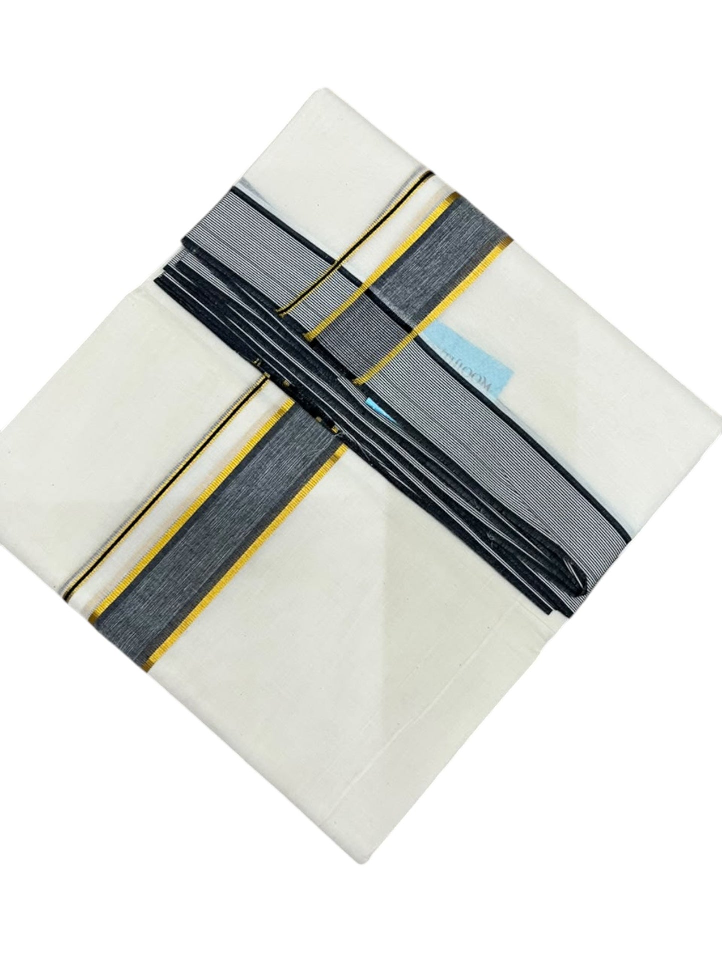 Southloom Pure Cotton Mundu with Golden Lines and Black Border (South Indian Kerala Dhoti)