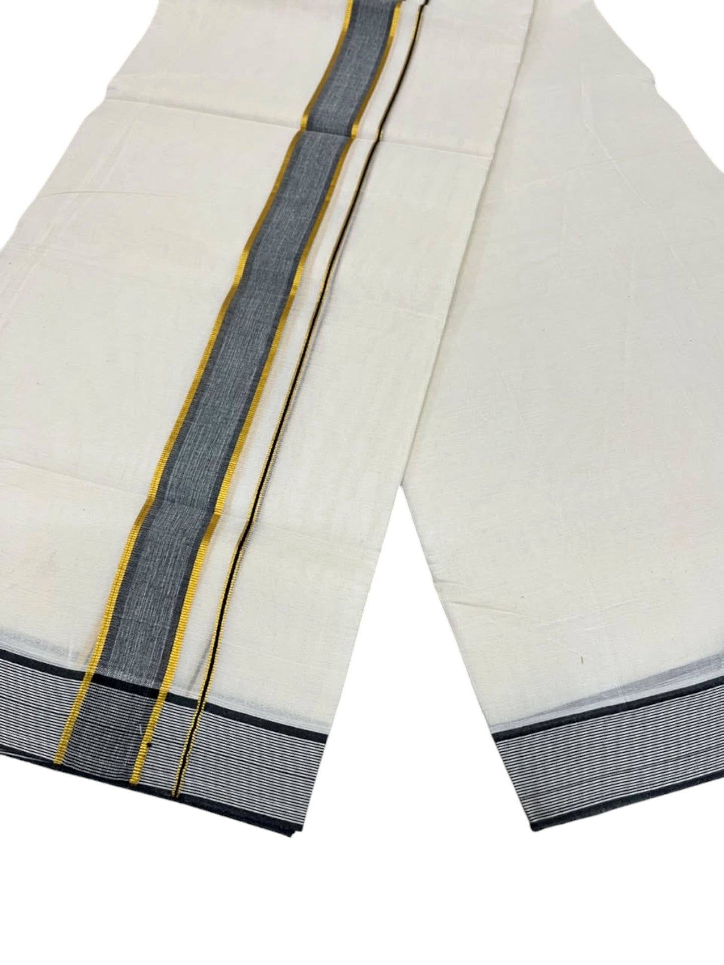 Southloom Pure Cotton Mundu with Golden Lines and Black Border (South Indian Kerala Dhoti)