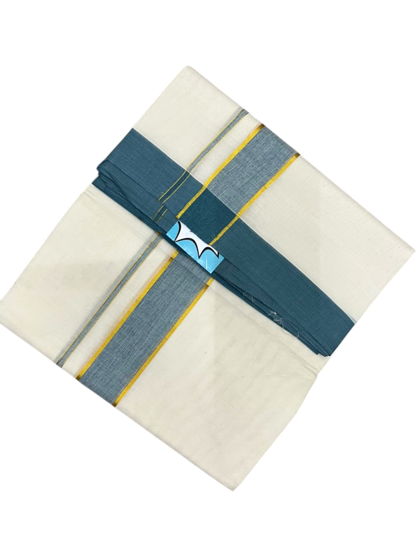 Southloom Pure Cotton Mundu with Golden Lines and Blue Border (South Indian Kerala Dhoti)
