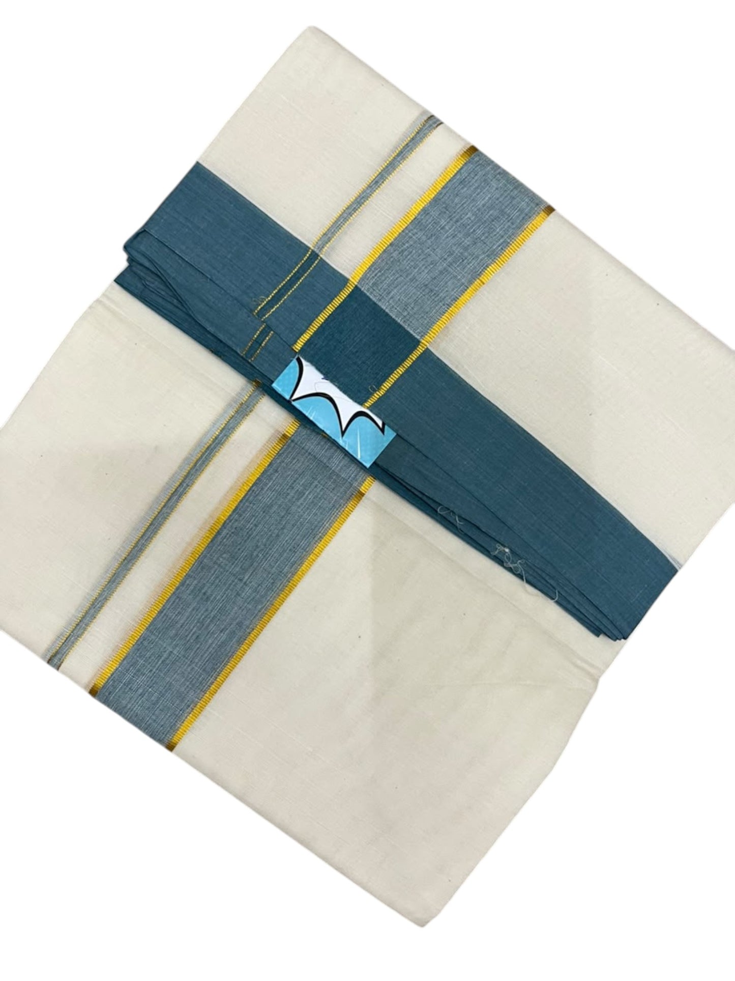 Southloom Pure Cotton Mundu with Golden Lines and Blue Border (South Indian Kerala Dhoti)