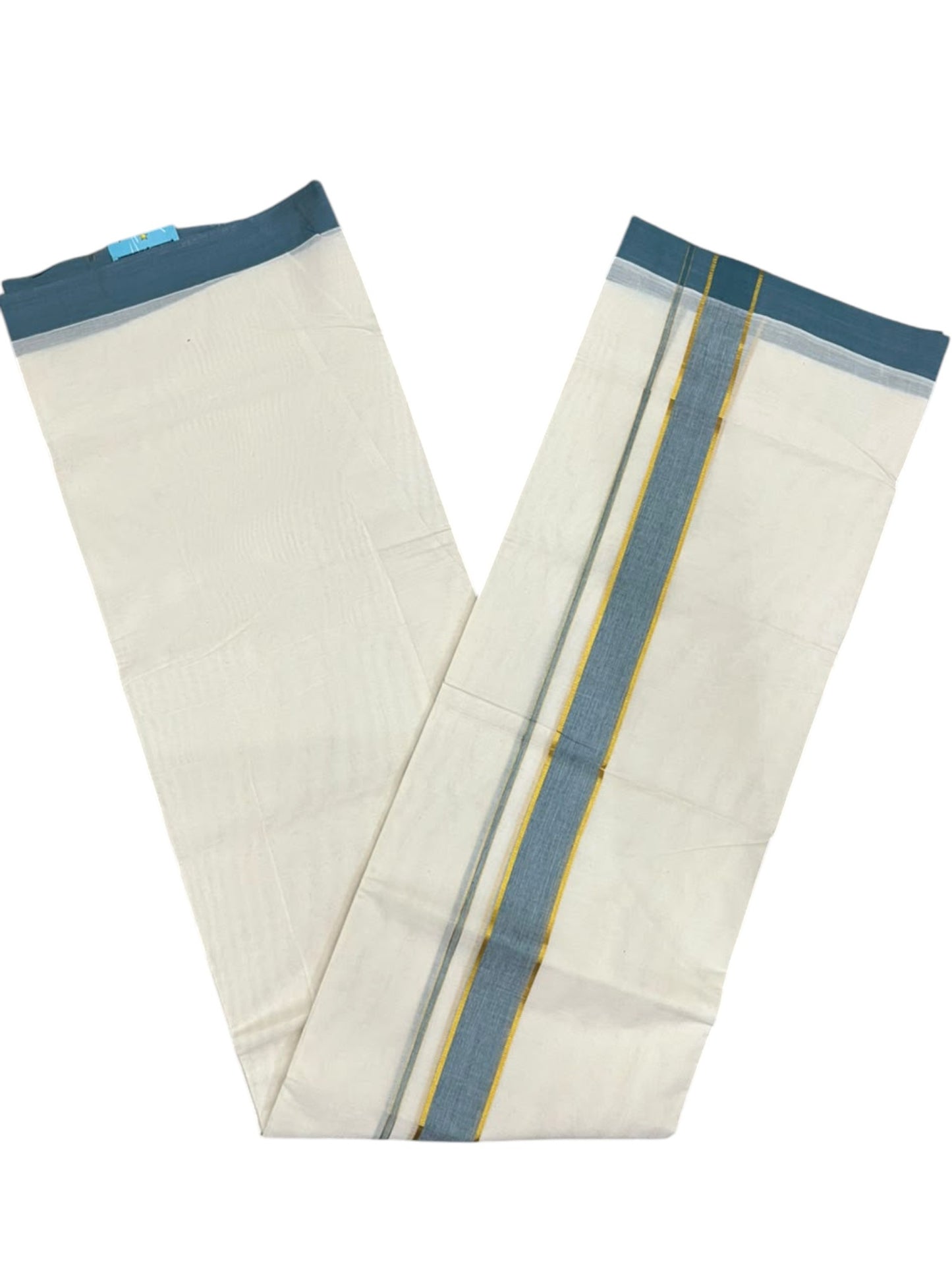 Southloom Pure Cotton Mundu with Golden Lines and Blue Border (South Indian Kerala Dhoti)