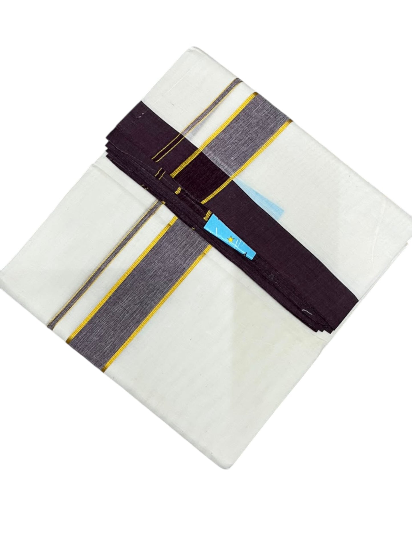 Southloom Pure Cotton Mundu with Golden Lines and Purple Border (South Indian Kerala Dhoti)