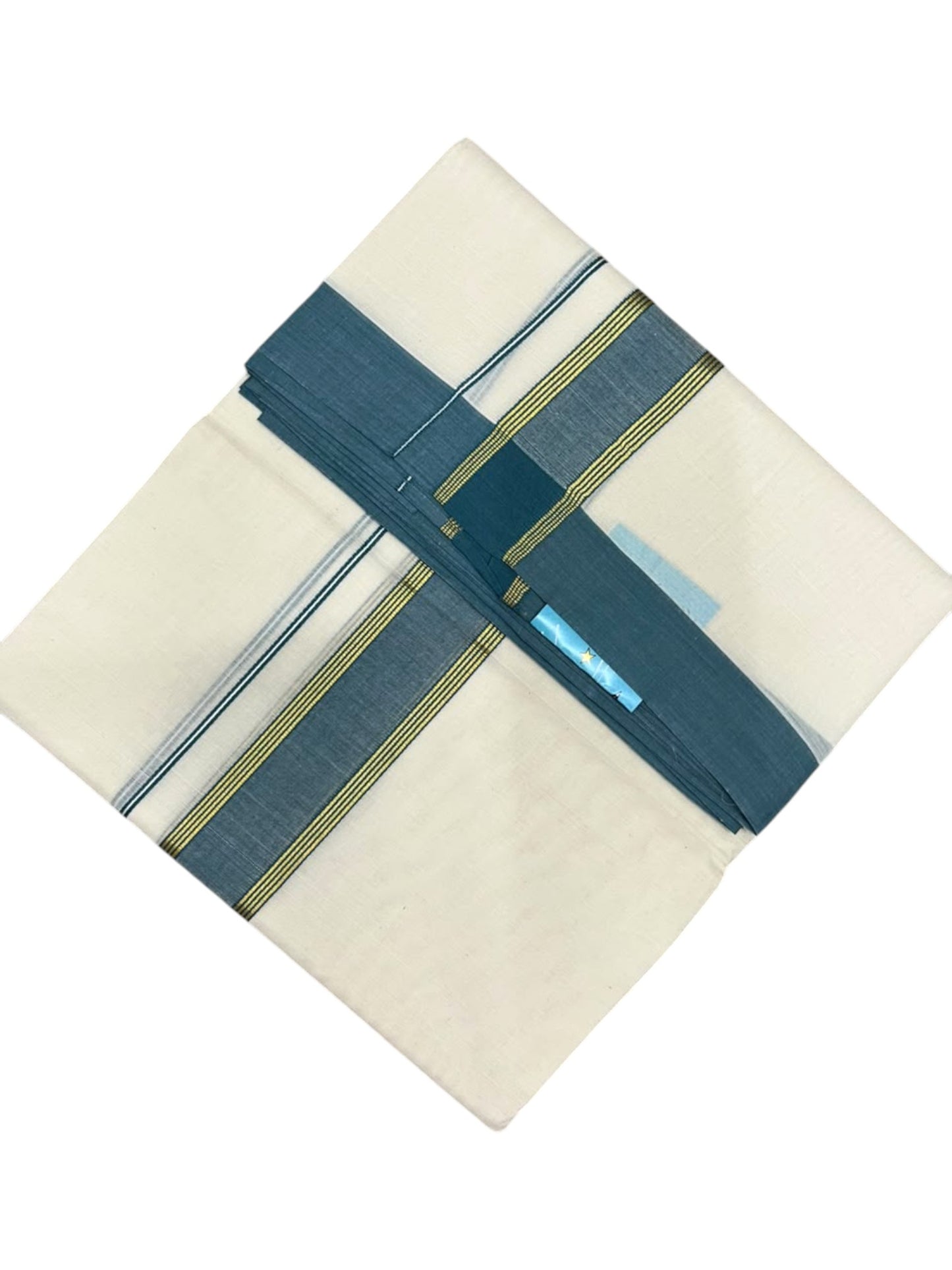 Southloom Pure Cotton Mundu with Golden Lines and Peacock Blue Border (South Indian Kerala Dhoti)
