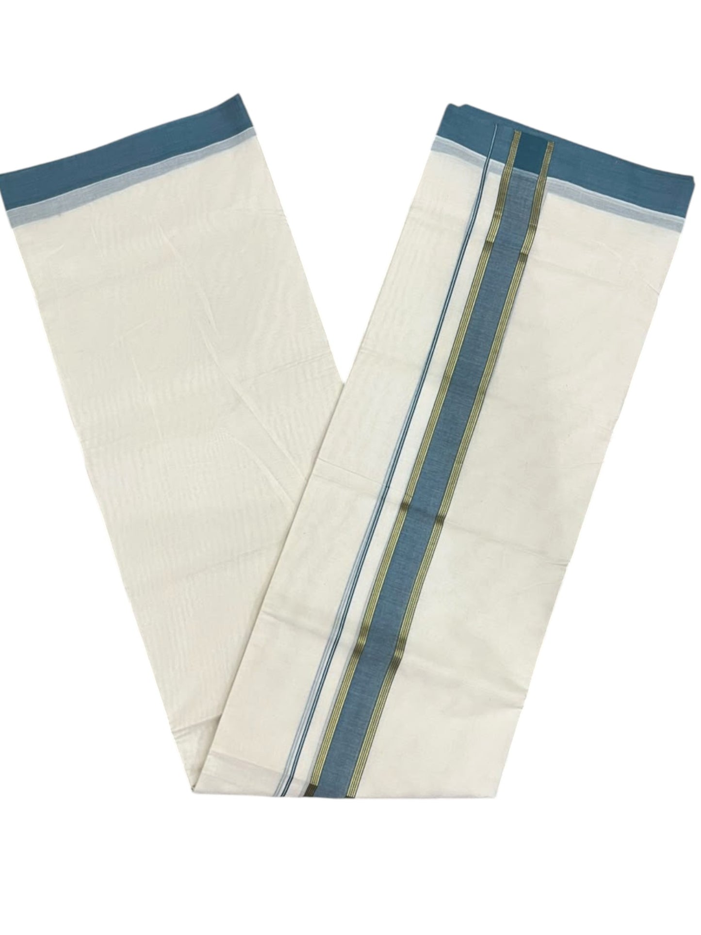 Southloom Pure Cotton Mundu with Golden Lines and Peacock Blue Border (South Indian Kerala Dhoti)