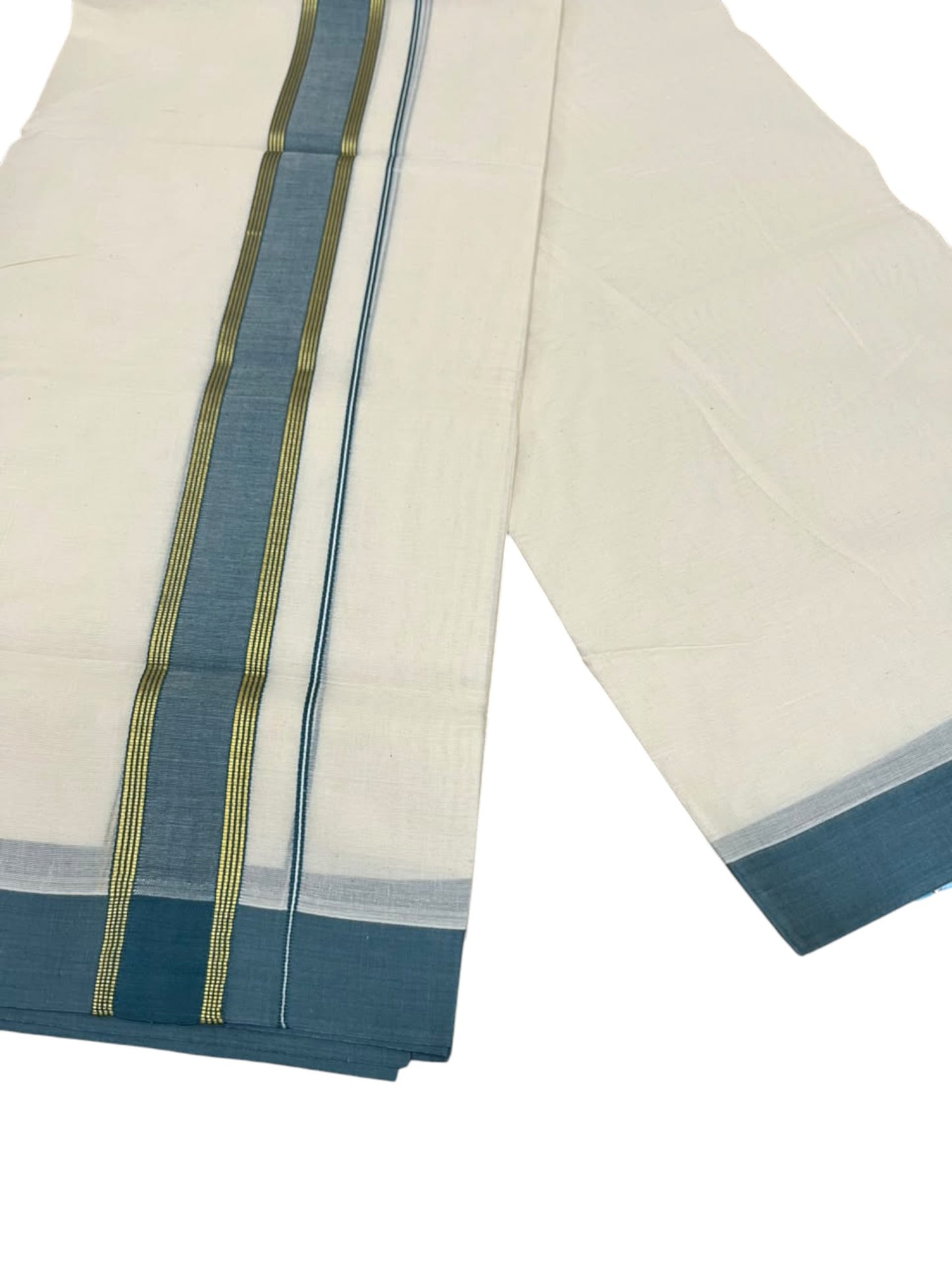 Southloom Pure Cotton Mundu with Golden Lines and Peacock Blue Border (South Indian Kerala Dhoti)