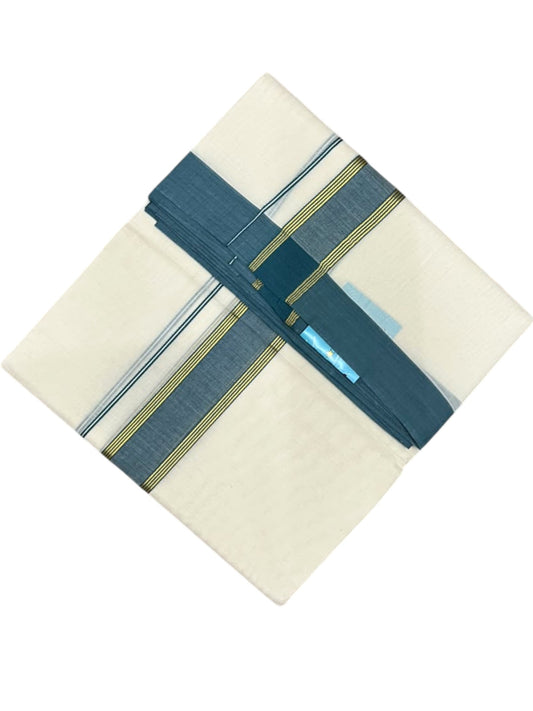 Southloom Pure Cotton Mundu with Golden Lines and Peacock Blue Border (South Indian Kerala Dhoti)