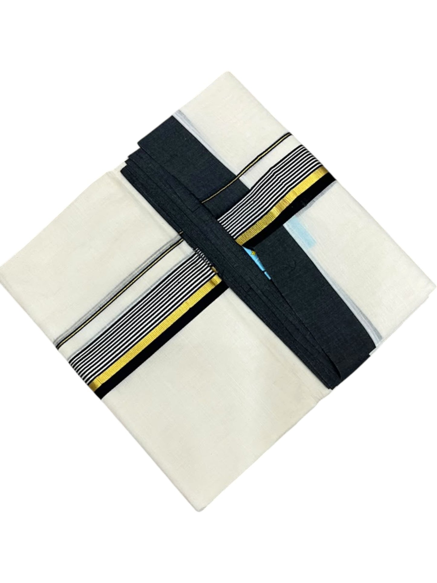 Southloom Pure Cotton Mundu with Golden Lines and Black Border (South Indian Kerala Dhoti)