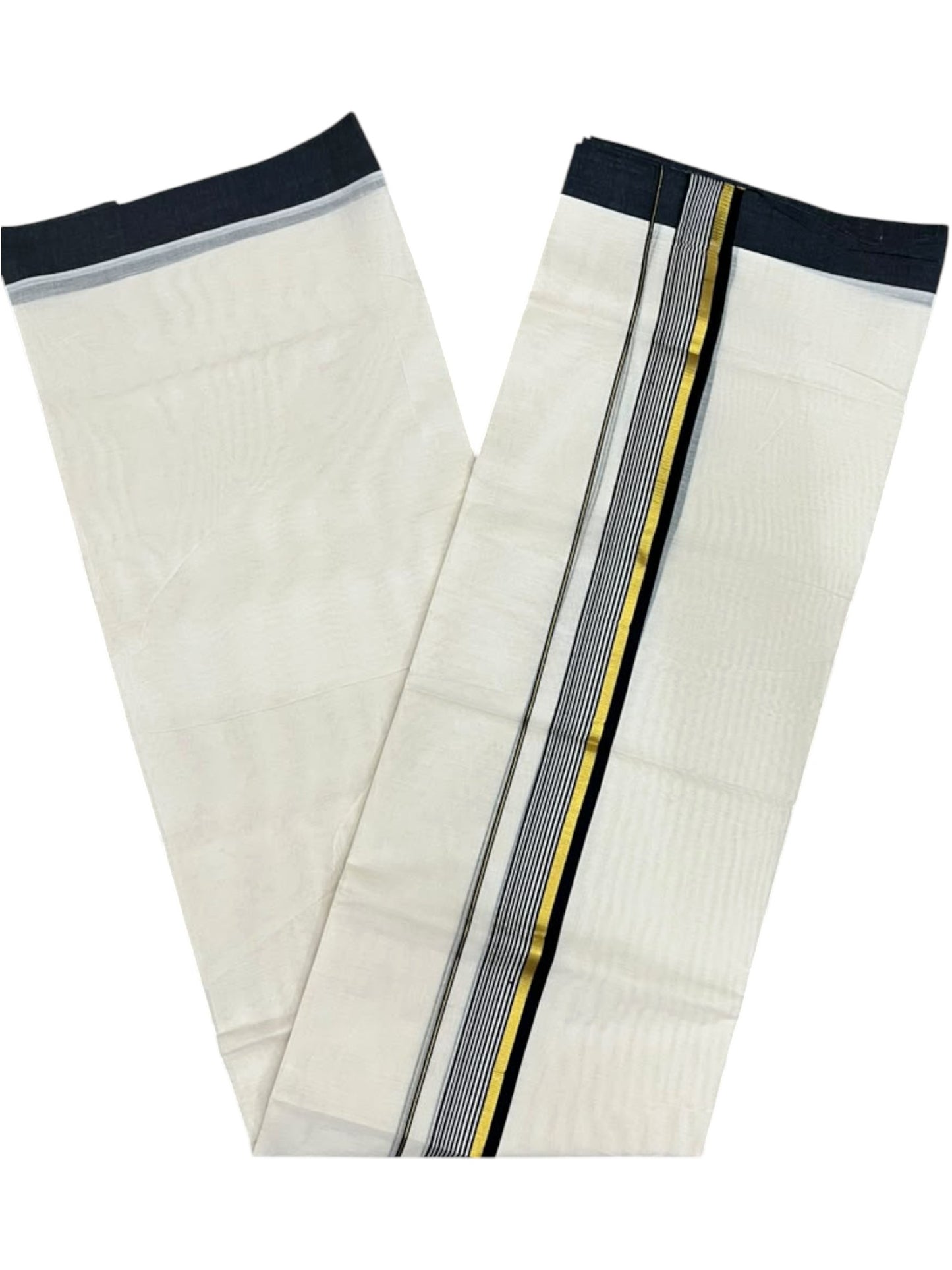 Southloom Pure Cotton Mundu with Golden Lines and Black Border (South Indian Kerala Dhoti)