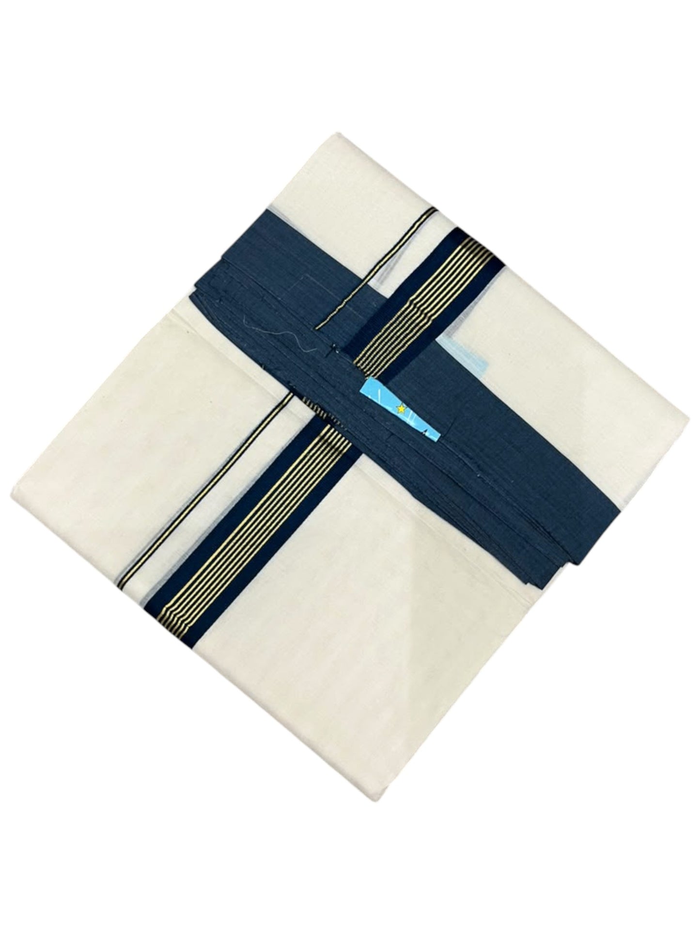 Southloom Pure Cotton Mundu with Golden Lines and Peacock Blue Border (South Indian Kerala Dhoti)